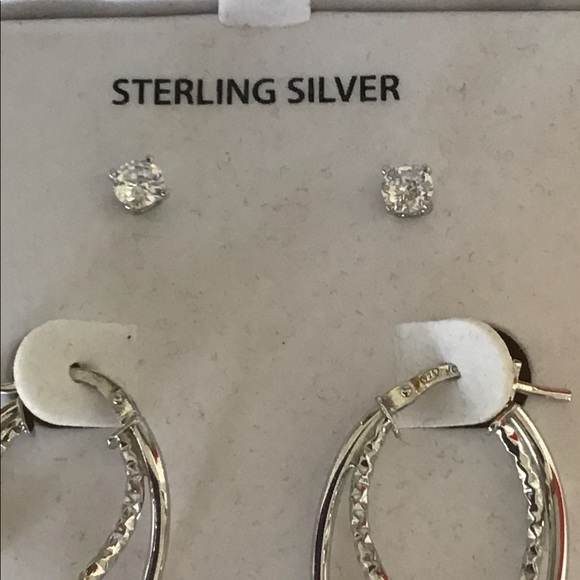 BRILLIANCE STERLING SILVER HOOPS AND CUBIC ZIRCONIA STUDS NWT - Picture 5 of 11